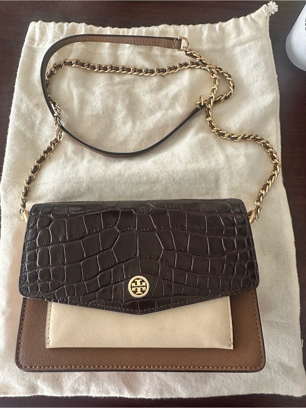 Tory Burch Black Brown Croc Embossed Leather ChainCrossbody Bag Colorblock Purse